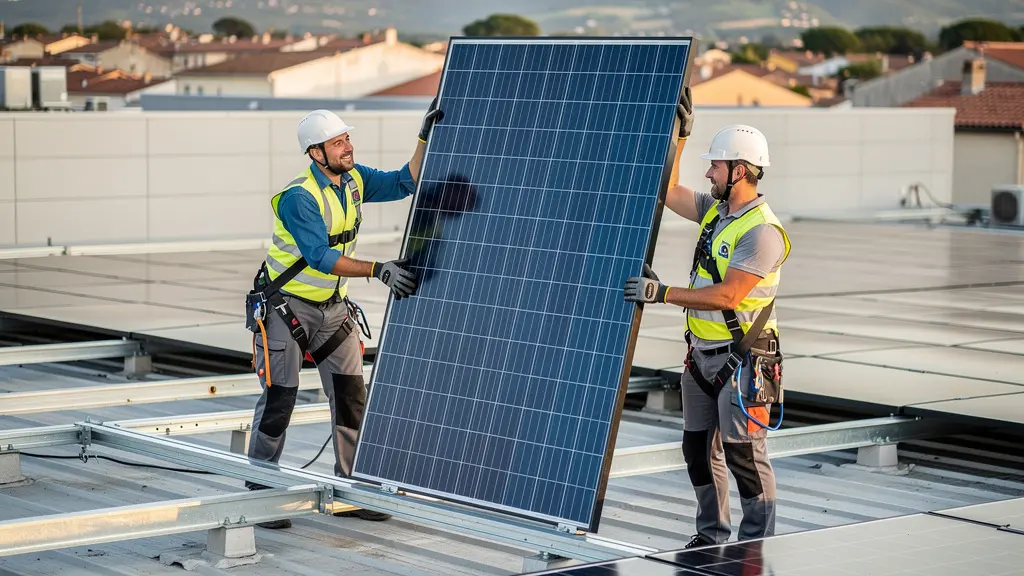 Techniciens installant panneaux solaires sur toiture commerciale