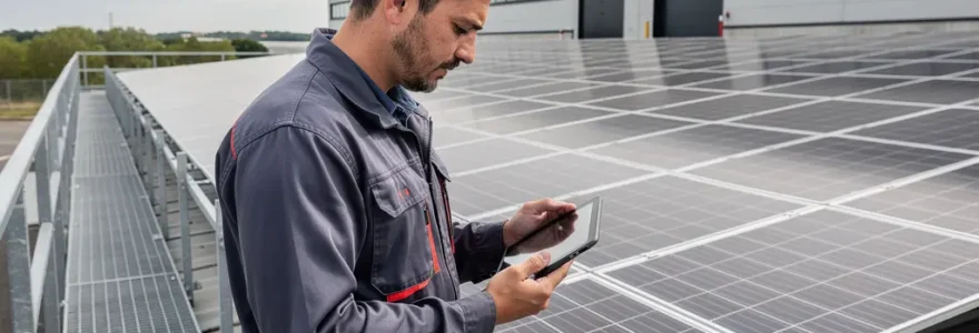 Technicien inspectant installation panneaux solaires sur toiture industrielle