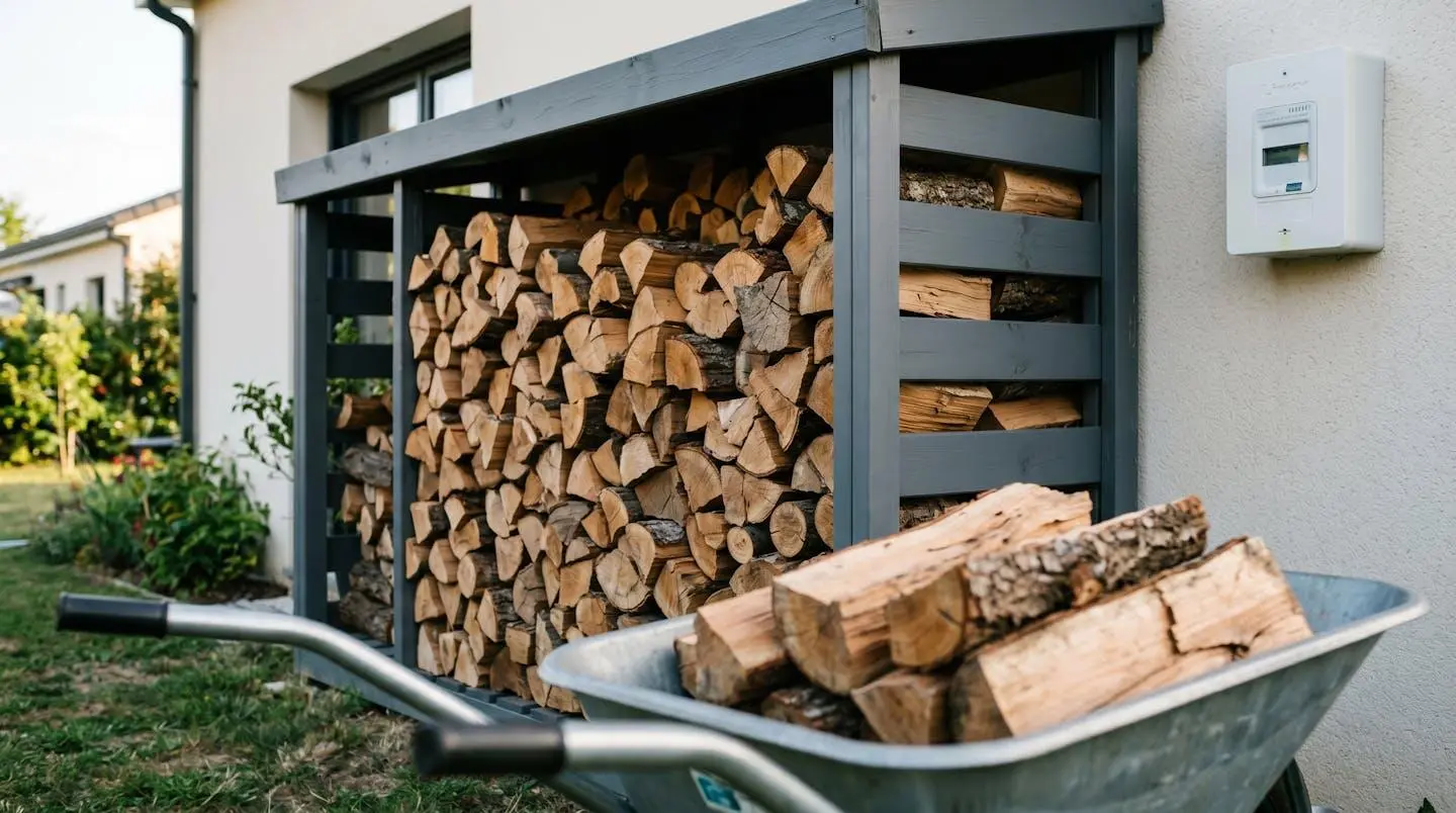Abri à bois extérieur moderne rempli de stères de bûches empilées avec brouette au premier plan et compteur électrique Linky visible sur mur de maison en arrière-plan