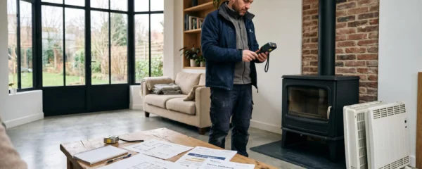 Professionnel réalisant un diagnostic énergétique dans un salon avec poêle à bois moderne installé et anciens radiateurs électriques démontés au sol, documents techniques sur table au premier plan