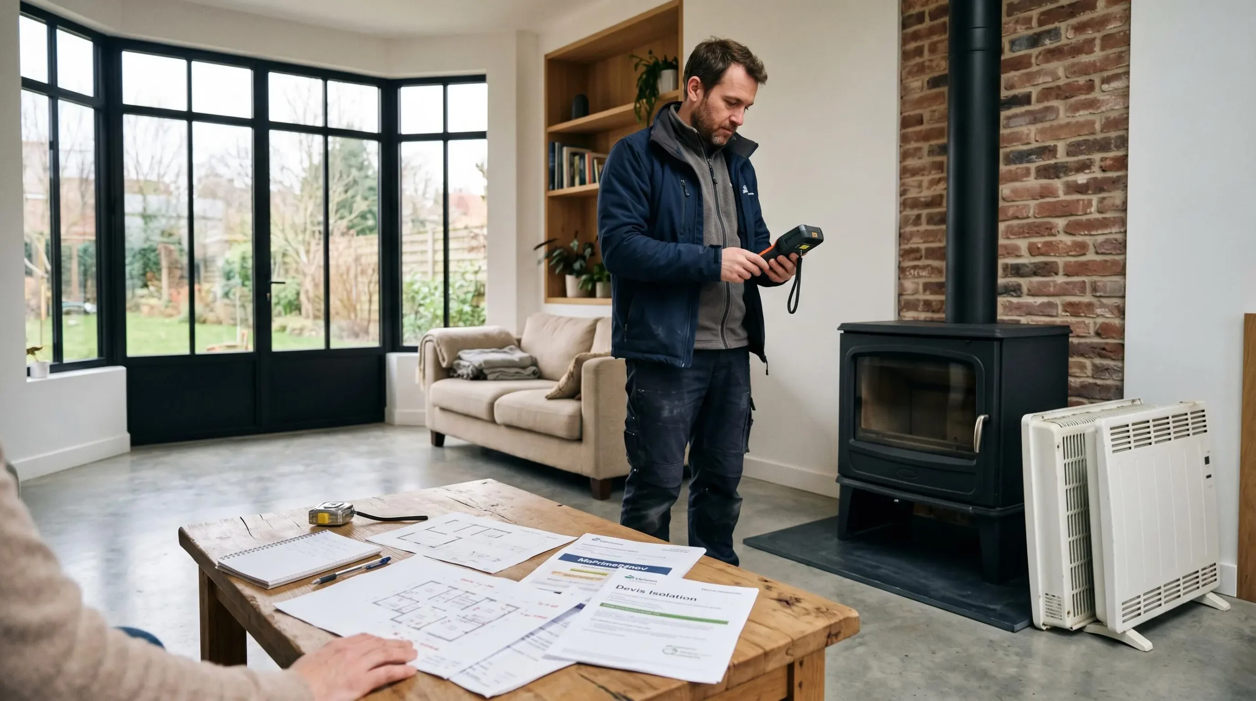 Professionnel réalisant un diagnostic énergétique dans un salon avec poêle à bois moderne installé et anciens radiateurs électriques démontés au sol, documents techniques sur table au premier plan