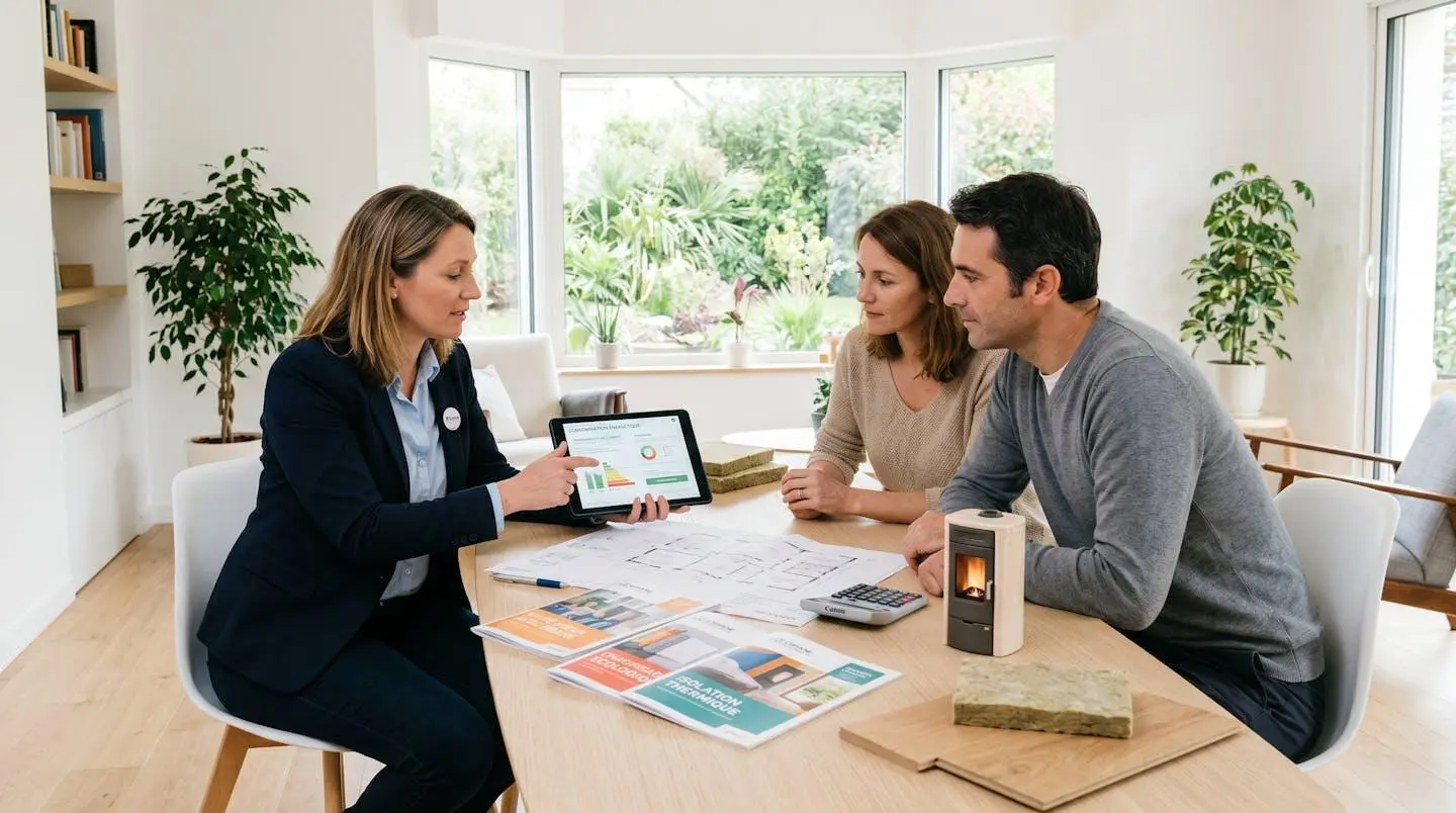 Écocoach présentant sur tablette des solutions de chauffage à un couple de propriétaires autour d'une table avec échantillons et documentation technique dans salon lumineux